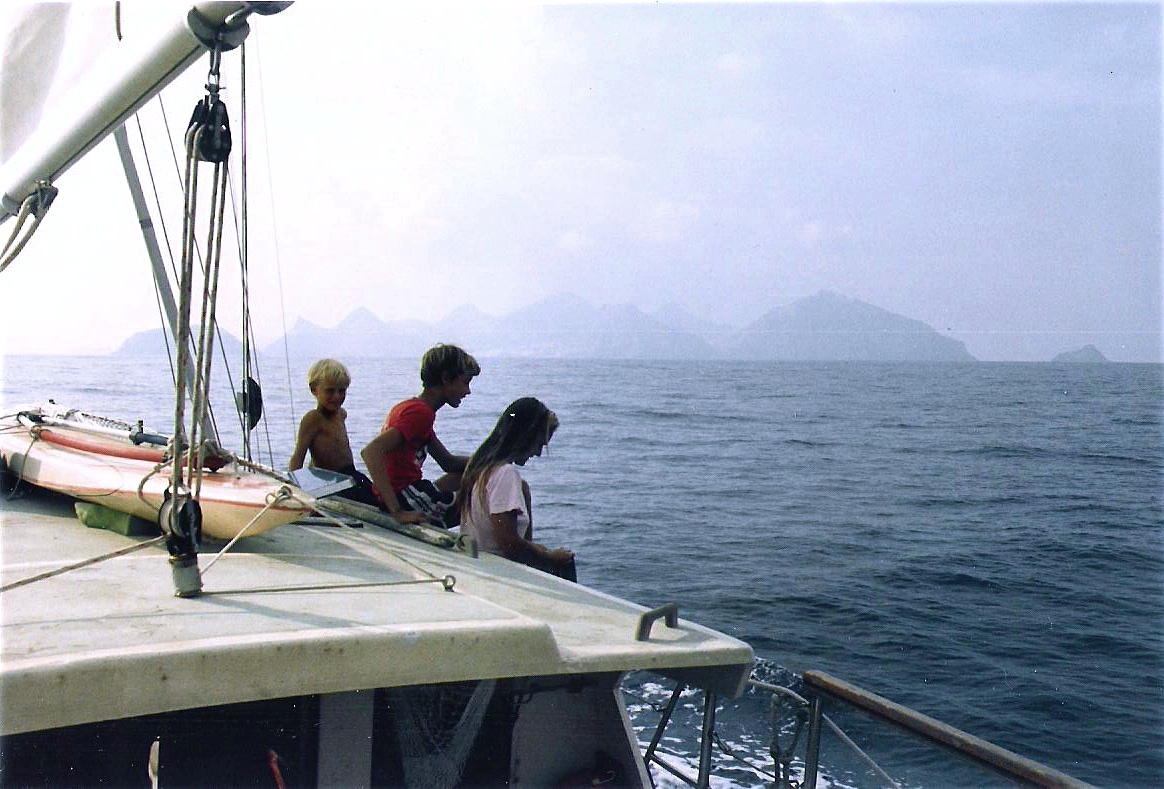 Three of us on the bow approaching Porto Santo.