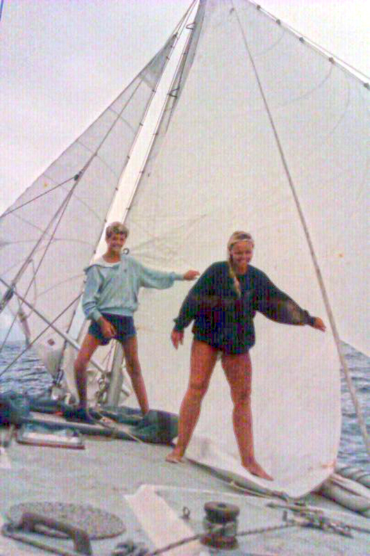 My mother and me on deck with the jury rig hoisted.